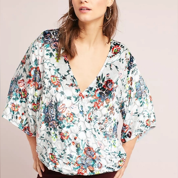 Anthropologie Maeve Umi Wrap Velvet Floral V- Neck Silk Blend Blouse Size Medium - Picture 1 of 12